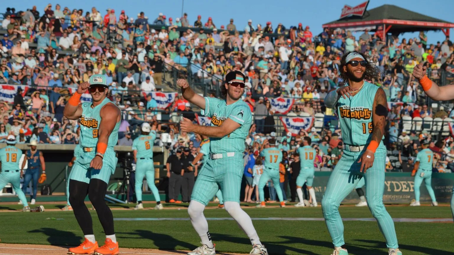Loco Beach Coconuts players perform on the field during a 2026 Banana Ball game in Charleston