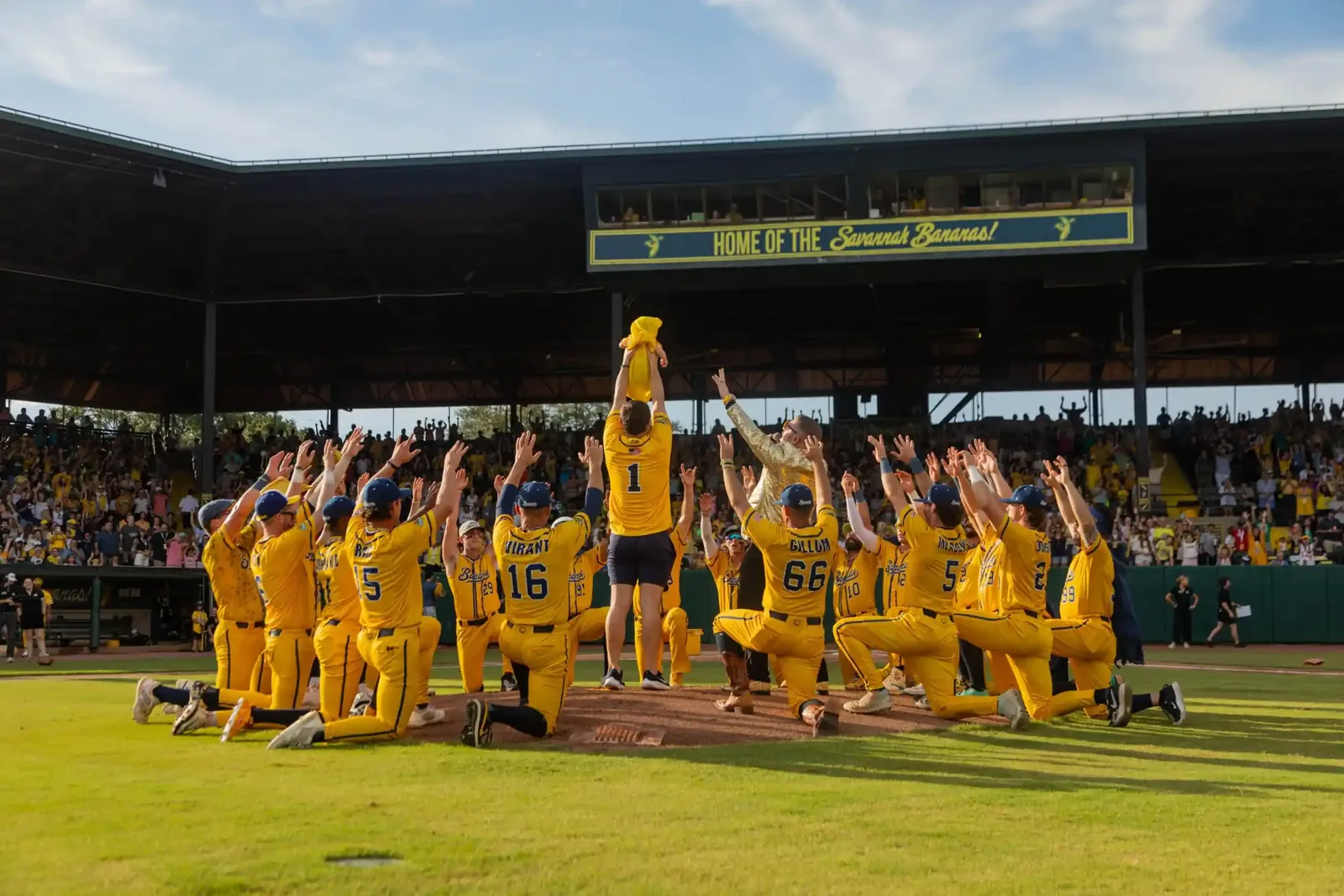 Savannah Bananas players entertaining a packed crowd during a Banana Ball game