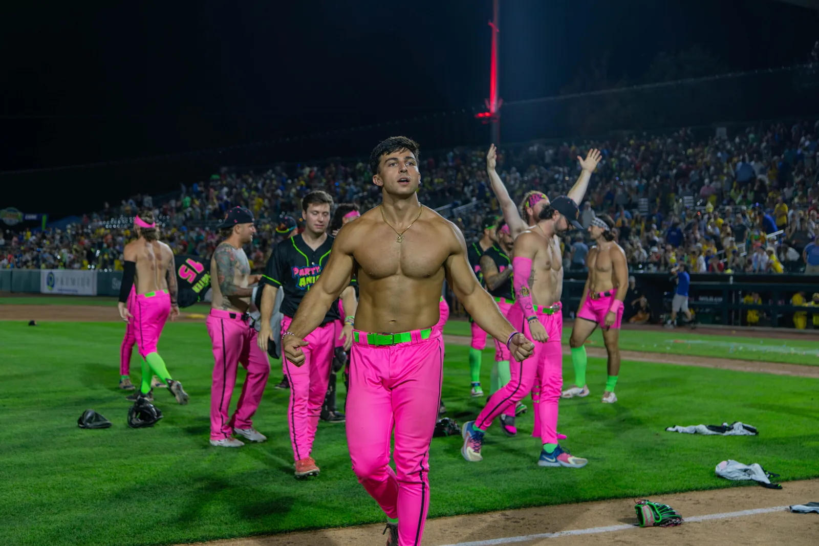 Party Animals player performing in front of fans during a Banana Ball game