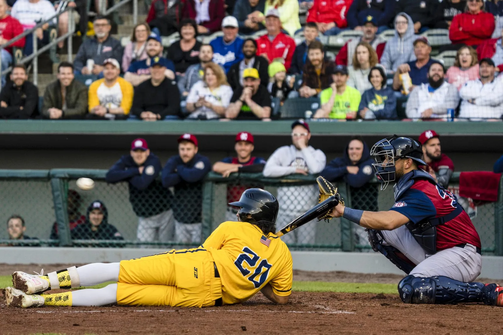 Savannah Bananas runner sliding toward home as a Kansas City Monarchs catcher reaches for the tag