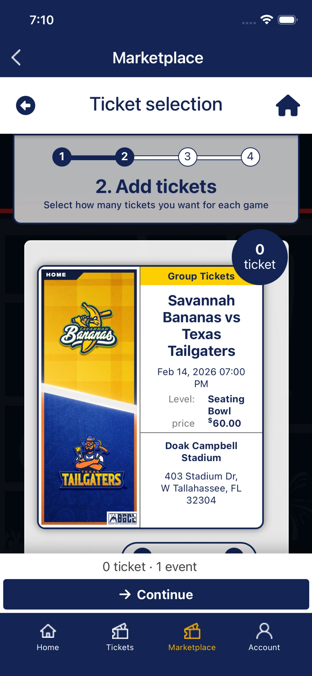 Fans First Tickets app interface used to browse and manage Banana Ball tickets
