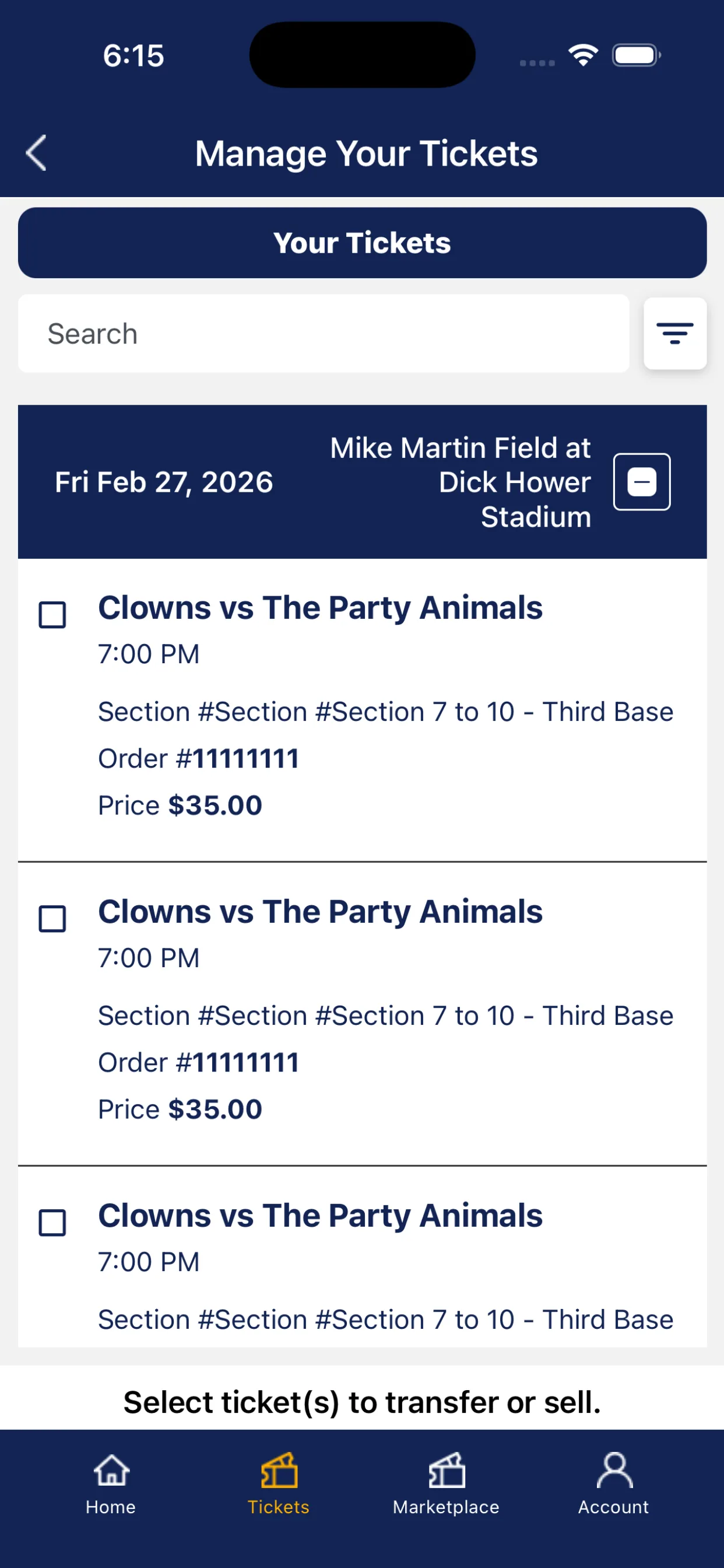 Fans First Tickets Marketplace screen for selecting Banana Ball ticket inventory